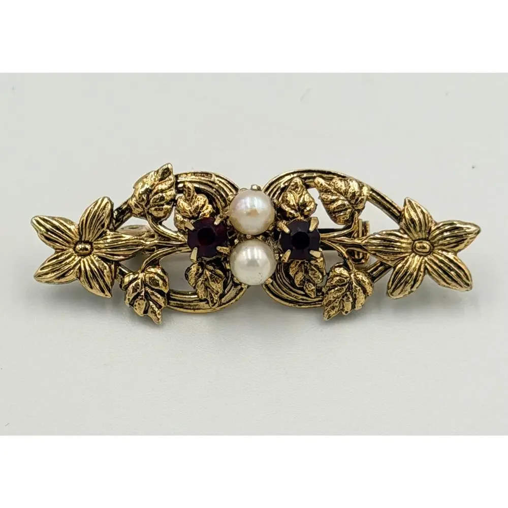 Vintage Floral Gold Tone Purple Rhinestones and Faux Pearls Bar Brooch Pin